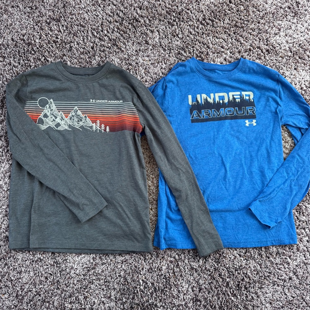 Kids Under Armour long sleeve tees - YM. Blue and grey